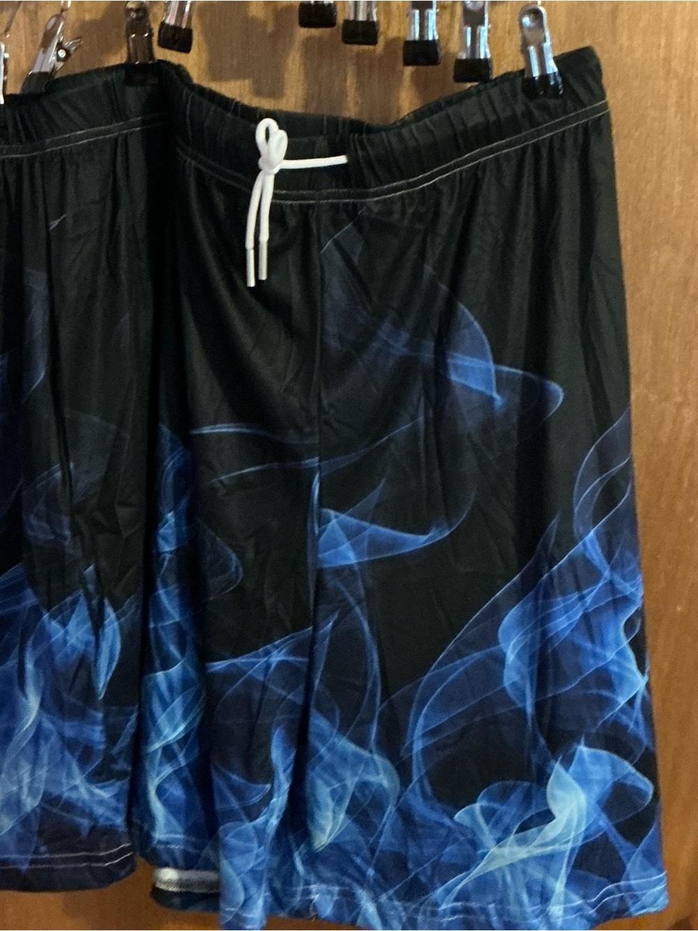 Men's Black Shorts with Blue Flame Print - Drawstring Waist